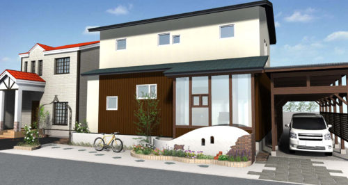 周囲の街並みに調和した植栽や駐車場など、建物と外構はセットで考える